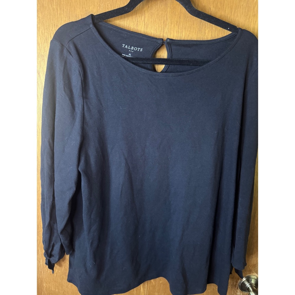Talbots Womens XL Navy Blue 100% Cotton Tie Sleeve Keyhole Back Knit Top